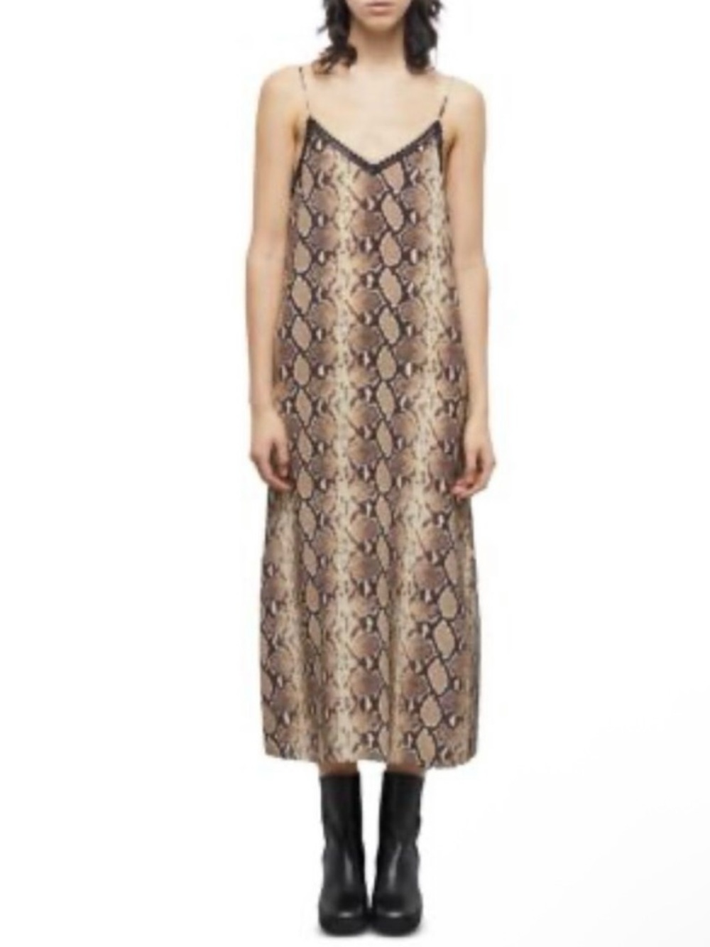 The Kooples 100% Silk Brown and Black Snake Print Midi Slip Dress. French 2. NWT